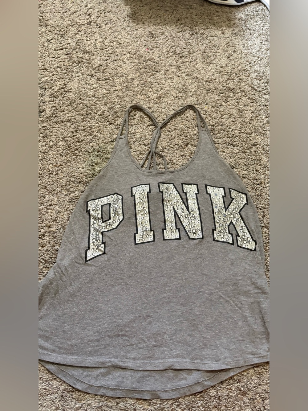 PINK Victoria's Secret Gray Racerback Tank with Sequin PINK Logo